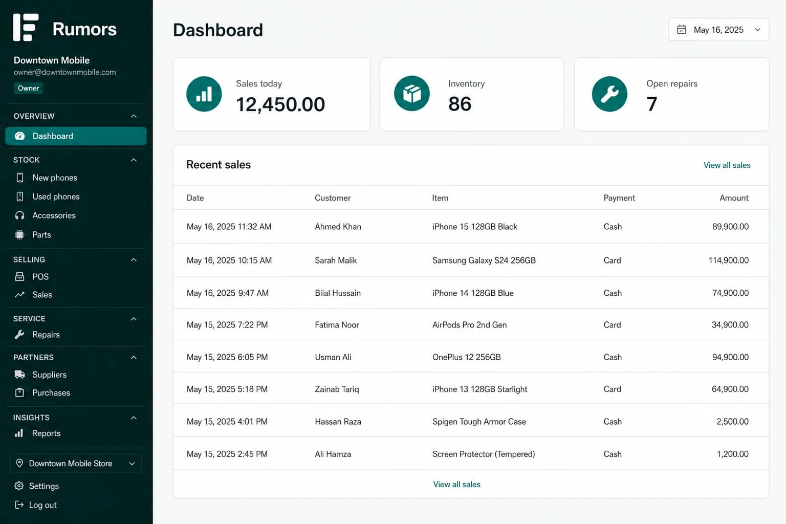 Rumors dashboard showing sales, stock, and repairs