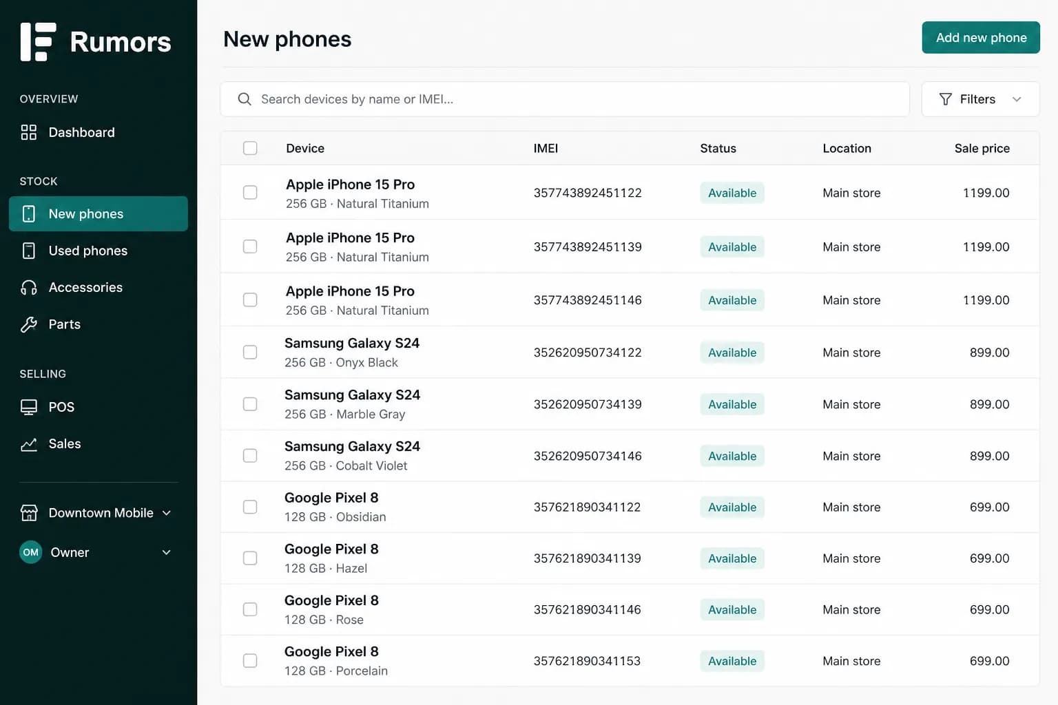 Rumors phone stock list with IMEI search